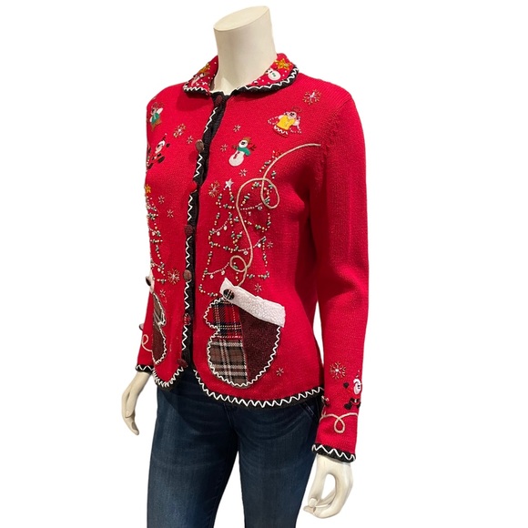 Vintage Beaded Patchwork Christmas Cardigan Sweater - Picture 9 of 14